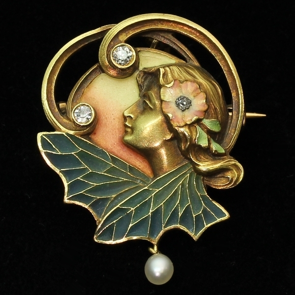 High quality Art Nouveau pendant brooch with plique a jour enamel from the antique jewelry collection of www.adin.be